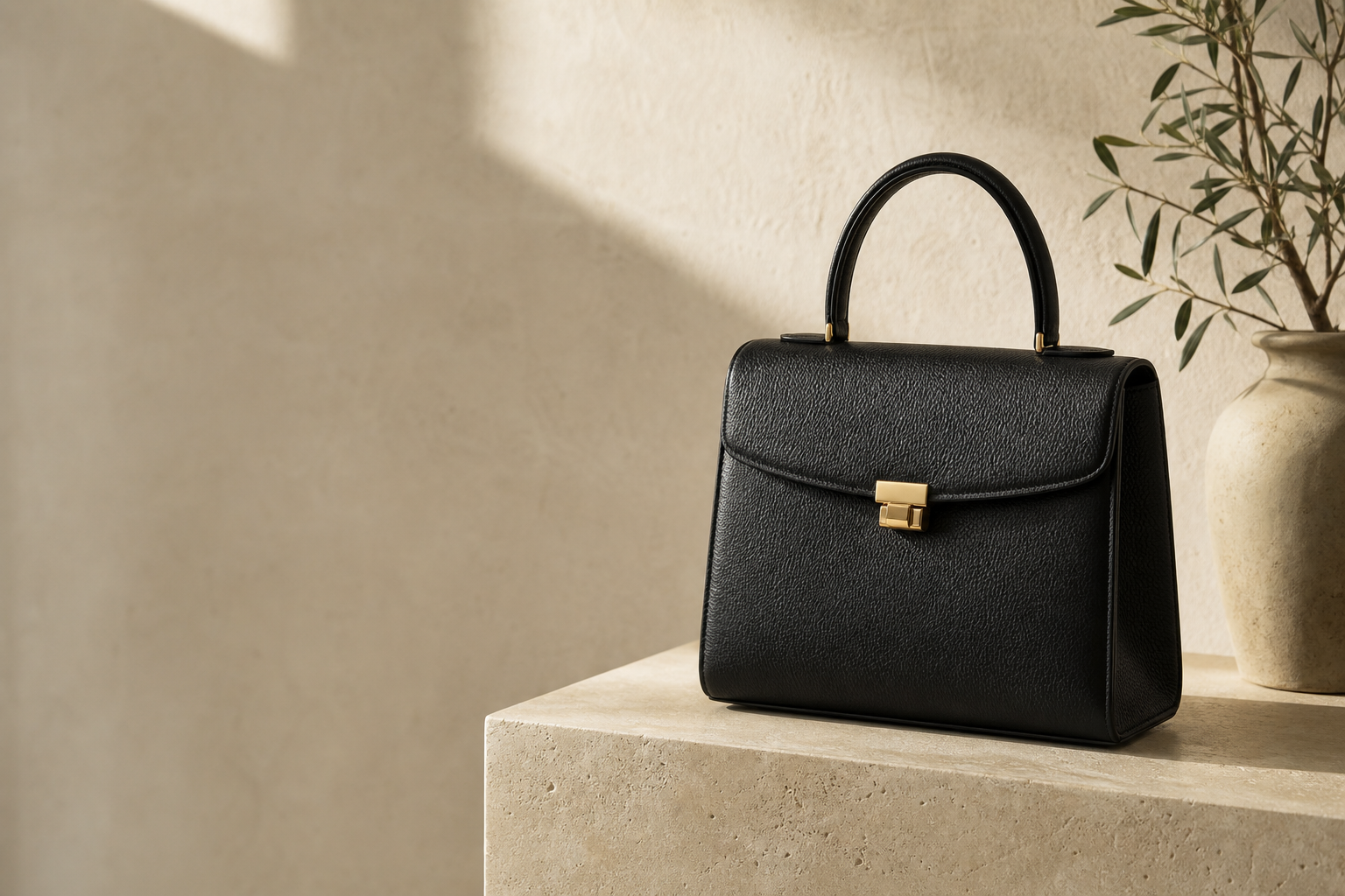 Black leather handbag on a travertine pedestal
